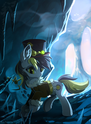Size: 936x1280 | Tagged: safe, artist:hioshiru, oc, oc only, earth pony, pony, clothes, costume, ear fluff, female, gear, hat, ice, jacket, leg fluff, looking at you, mare, steampunk, ych result