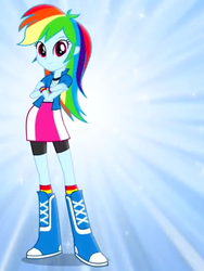 Size: 1536x2048 | Tagged: safe, screencap, rainbow dash, equestria girls, g4, blue background, boots, bracelet, clothes, commercial, compression shorts, cropped, crossed arms, female, jewelry, looking at you, magic of friendship (equestria girls), music video, simple background, skirt, socks, solo, sparkles, striped socks, wristband