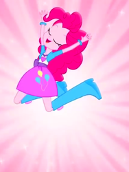Size: 1536x2048 | Tagged: safe, screencap, pinkie pie, equestria girls, g4, balloon, boots, clothes, commercial, cropped, cute, eyes closed, female, happy, high heel boots, jumping, magic of friendship (equestria girls), music video, open mouth, pink background, simple background, skirt, solo, sparkles