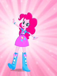 Size: 1536x2048 | Tagged: safe, screencap, pinkie pie, equestria girls, g4, balloon, boots, bracelet, clothes, commercial, cropped, cute, female, high heel boots, jewelry, looking at you, magic of friendship (equestria girls), music video, open mouth, pink background, raised leg, simple background, skirt, solo, sparkles