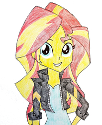 Size: 612x748 | Tagged: safe, artist:slasher0001, sunset shimmer, equestria girls, g4, clothes, female, jacket, leather jacket, looking at you, solo, traditional art