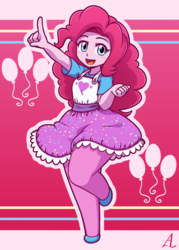 Size: 1000x1400 | Tagged: safe, artist:acesrockz, pinkie pie, equestria girls, g4, balloon, clothes, cute, cutie mark, diapinkes, female, looking at you, raised leg, smiling, solo