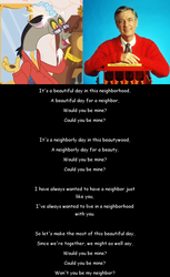 Size: 965x1578 | Tagged: safe, discord, draconequus, discordant harmony, g4, clothes, glasses, lyrics, mister rogers, mister rogers' neighborhood, sweater, text