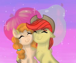 Size: 1200x1000 | Tagged: safe, artist:mylittlegodzilla, bright mac, pear butter, earth pony, pony, g4, the perfect pear, cowboy hat, cute, female, hat, husband and wife, male, mare, nuzzling, ship:brightbutter, shipping, stallion, stetson, straight