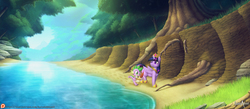 Size: 2271x990 | Tagged: safe, artist:balade, spike, twilight sparkle, alicorn, dragon, pony, g4, big crown thingy, crown, duo, female, forest, jewelry, letter, mare, patreon, quill, regalia, river, scenery, smiling, tree, twilight sparkle (alicorn)