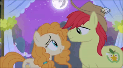 Size: 600x337 | Tagged: safe, screencap, bright mac, pear butter, earth pony, pony, g4, season 7, the perfect pear, animated, boomerang (tv channel), eyes closed, female, gif, husband and wife, kiss on the lips, kissing, love, male, mare, mare in the moon, marriage, married couple, moon, ship:brightbutter, shipping, stallion, straight