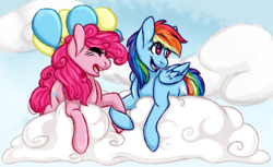 Size: 1024x628 | Tagged: safe, artist:benji-boi, pinkie pie, rainbow dash, pony, g4, balloon, cloud, female, floating, lesbian, prone, ship:pinkiedash, shipping, then watch her balloons lift her up to the sky