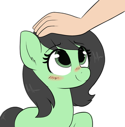 Size: 1646x1672 | Tagged: safe, artist:moozua, oc, oc only, oc:filly anon, earth pony, human, pony, adoranon, blushing, cute, ear fluff, female, filly, hand, happy, human on pony petting, looking up, ocbetes, petting, raised hoof, simple background, smiling, solo focus, weapons-grade cute, white background
