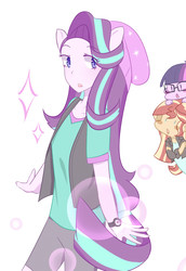 Size: 2370x3444 | Tagged: safe, artist:yuck, sci-twi, starlight glimmer, sunset shimmer, twilight sparkle, human, equestria girls, equestria girls specials, g4, my little pony equestria girls: mirror magic, beanie, clothes, female, hat, high res, lesbian, ponied up, pony ears, simple background, smiling, solo focus, trio, watch, white background