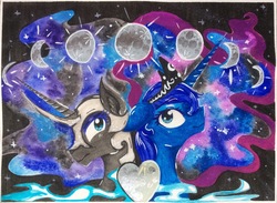 Size: 2451x1797 | Tagged: safe, artist:blackcatsamurai, nightmare moon, princess luna, alicorn, pony, g4, duality, duo, floppy ears, moon, smiling, traditional art, watercolor painting