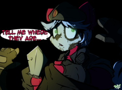 Size: 2450x1808 | Tagged: safe, artist:bbsartboutique, oc, oc only, oc:melon frost, anthro, beret, caveira, clothes, dark room, dialogue, face paint, gloves, glowing eyes, hand, hat, interrogation, knife, rainbow six siege, stealth
