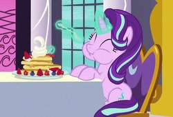 Size: 667x454 | Tagged: safe, screencap, starlight glimmer, pony, unicorn, a royal problem, g4, aweeg*, cute, eating, female, food, glimmerbetes, mare, nom, pancakes, solo