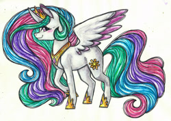 Size: 2234x1586 | Tagged: safe, artist:twixyamber, princess celestia, pony, g4, colored wings, colored wingtips, female, solo, traditional art