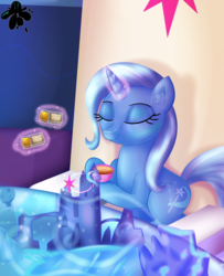 Size: 2600x3200 | Tagged: safe, artist:katakiuchi4u, trixie, pony, unicorn, g4, crackers, cutie map, eyes closed, female, food, friendship throne, glowing horn, high res, horn, magic, mare, peanut butter, peanut butter crackers, solo, tea, telekinesis, that pony sure does love peanut butter crackers