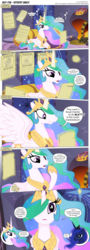 Size: 3300x9204 | Tagged: safe, artist:perfectblue97, princess celestia, princess luna, oc, oc:ilovekimpossiblealot, oc:silver quill, alicorn, pony, comic:without magic, g4, absurd resolution, canterlot castle, comic, fireplace, glowing, glowing horn, horn, magic, telekinesis, wanted poster
