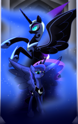 Size: 2200x3500 | Tagged: safe, artist:geraritydevillefort, nightmare moon, princess luna, alicorn, pony, g4, duality, female, high res, mare, rearing, spread wings, wings