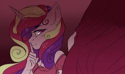 Size: 1400x828 | Tagged: safe, artist:yuyusunshine, princess cadance, anthro, g4, bust, clothes, curtains, female, gradient background, looking at you, shhh, smiling, solo