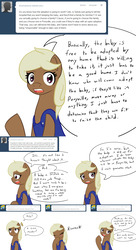 Size: 2400x4400 | Tagged: safe, artist:jake heritagu, oc, oc only, oc:sandy hooves, pony, ask pregnant scootaloo, blushing, clothes, comic, high res, laughing