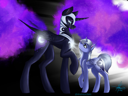 Size: 2048x1536 | Tagged: safe, artist:andreuxsalz, nightmare moon, princess luna, alicorn, pony, g4, chest fluff, crying, duality, looking at each other, raised hoof, s1 luna
