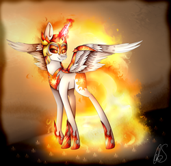 Size: 4364x4242 | Tagged: safe, artist:norica-official, daybreaker, pony, a royal problem, g4, absurd resolution, female, grin, mane of fire, raised hoof, smiling, solo, spread wings, wings