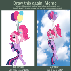 Size: 3000x3000 | Tagged: safe, artist:squipycheetah, pinkie pie, twilight sparkle, alicorn, pony, g4, before and after, cute, draw this again, female, high res, improvement, lesbian, redraw, ship:twinkie, shipping, twilight sparkle (alicorn)