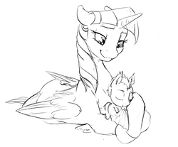 Size: 1951x1618 | Tagged: safe, artist:silfoe, twilight sparkle, oc, oc:pterus, alicorn, bat pony, pony, other royal book, adopted offspring, black and white, cute, female, grayscale, male, mama twilight, monochrome, mother and son, parent:princess luna, parent:twilight sparkle, parents:twiluna, silfoe is trying to murder us, simple background, sleeping, thumb sucking, twilight sparkle (alicorn), white background