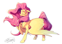 Size: 2717x1920 | Tagged: safe, artist:icerrhythm, fluttershy, pegasus, pony, g4, chest fluff, eyes closed, female, floppy ears, mare, raised hoof, simple background, solo, white background, windswept mane