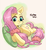 Size: 650x709 | Tagged: safe, artist:srets, fluttershy, pegasus, pony, g4, eye clipping through hair, female, mare, name, pillow, prone, scrunchie, smiling, solo, stray strand, underhoof
