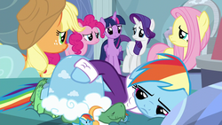 Size: 1280x720 | Tagged: safe, screencap, applejack, fluttershy, pinkie pie, rainbow dash, rarity, tank, twilight sparkle, alicorn, earth pony, pegasus, pony, unicorn, g4, tanks for the memories, angry, bathrobe, clothes, cute, dashabetes, dashie slippers, female, floppy ears, freckles, looking at each other, madorable, mane six, mare, rainbow dash is not amused, sad, slippers, tank slippers, twilight sparkle (alicorn), unhappy