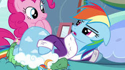 Size: 300x168 | Tagged: safe, screencap, pinkie pie, rainbow dash, tank, pony, g4, tanks for the memories, bathrobe, clothes, dashie slippers, rainbow dash is not amused, slippers, tank slippers, unhappy