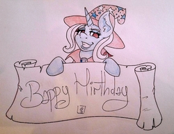 Size: 873x675 | Tagged: safe, artist:dimvitrarius, trixie, pony, unicorn, g4, banner, female, grin, happy birthday, smiling, solo, spoonerism, traditional art