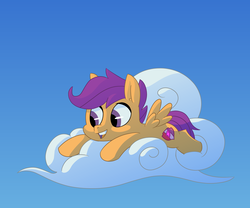 Size: 2400x2000 | Tagged: safe, artist:rawrienstein, scootaloo, pegasus, pony, g4, cloud, cute, cutealoo, female, happy, high res, on a cloud, smiling, solo
