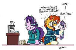 Size: 2393x1578 | Tagged: safe, artist:bobthedalek, princess flurry heart, starlight glimmer, sunburst, alicorn, pony, unicorn, g4, auntie starlight, bathrobe, bed mane, clothes, coffee, coffee machine, dialogue, female, filly, first words, foal, implied swearing, male, mare, messy mane, robe, shrunken pupils, simple background, spill, stallion, trio, unamused, uncle sunburst, white background, wide eyes