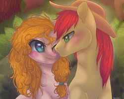 Size: 2485x1998 | Tagged: safe, artist:nekotoko, bright mac, pear butter, earth pony, pony, g4, the perfect pear, blushing, cowboy hat, duo, female, hat, husband and wife, male, mare, ship:brightbutter, shipping, smiling, stallion, stetson, straight