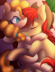 Size: 2284x3000 | Tagged: safe, artist:scarlet-spectrum, bright mac, pear butter, earth pony, pony, g4, the perfect pear, applejack's parents, cowboy hat, cuddling, cute, female, hat, high res, husband and wife, leg fluff, male, mare, ship:brightbutter, shipping, sleeping, stallion, stetson, straight, underhoof