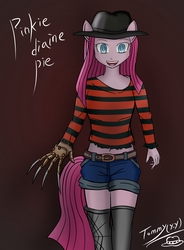 Size: 2260x3072 | Tagged: safe, artist:cvkt500, pinkie pie, anthro, g4, belly button, claws, clothes, crossover, denim shorts, fedora, female, freddy krueger, hat, high res, midriff, nightmare on elm street, open mouth, pinkamena diane pie, shirt, short shirt, shorts, slasher, socks, solo, sweater, tail, thigh highs, thighs