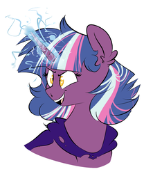 Size: 971x1167 | Tagged: safe, artist:soft-arthropod, oc, oc only, oc:nimbus sparkle, pony, unicorn, alternate universe, ear fluff, magic, next generation, offspring, open mouth, parent:thunderlane, parent:twilight sparkle, parents:twilane, simple background, solo, white background, yellow eyes