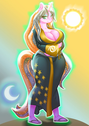 Size: 2481x3506 | Tagged: safe, artist:art-2u, oc, oc only, oc:astraea, anthro, plantigrade anthro, anthro oc, breasts, cleavage, clothes, commission, female, glowing horn, high res, horn, magic, moon, sandals, smiling, solo, sun, vaguely asian robe