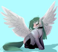 Size: 1805x1613 | Tagged: safe, artist:frowoppy, oc, oc only, pegasus, pony, art trade, choker, clothes, female, mare, simple background, solo, spread wings, stockings, thigh highs, wings