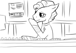 Size: 1280x886 | Tagged: safe, artist:fluor1te, grand pear, pony, g4, the perfect pear, james t kirk, male, monochrome, solo, star trek, voice actor joke, young grand pear, younger