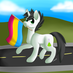 Size: 1024x1024 | Tagged: safe, artist:milliedot7, oc, oc only, oc:tounicoon, pony, flag, looking at you, outdoors, pansexual, pansexual pride flag, pride, pride flag, street