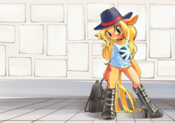 Size: 1736x1223 | Tagged: safe, artist:unousaya, applejack, earth pony, pony, semi-anthro, g4, arm hooves, bipedal, boots, bottomless, clothes, female, hat, high heel boots, looking at you, mare, partial nudity, shirt, shoes, solo
