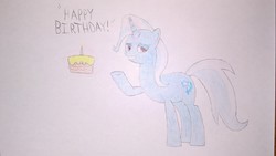 Size: 2491x1402 | Tagged: safe, artist:zeb, derpibooru exclusive, trixie, pony, unicorn, g4, birthday cake, cake, female, food, grin, happy birthday, levitation, lidded eyes, looking at you, magic, mare, raised hoof, simple background, smiling, solo, telekinesis, traditional art, white background