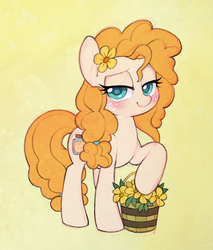 Size: 931x1095 | Tagged: safe, artist:dawnfire, pear butter, earth pony, pony, g4, the perfect pear, blushing, cute, female, flower, flower in hair, lidded eyes, mare, pearabetes, simple background, smiling, solo