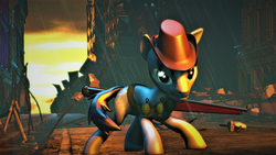 Size: 3840x2160 | Tagged: safe, artist:dj-chopin, oc, oc only, oc:p-21, pony, fallout equestria, 3d, bandolier, cowboy hat, digital art, grenade, gun, hat, high res, rain, weapon