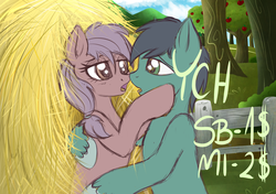 Size: 1974x1392 | Tagged: safe, artist:kruszynka25, oc, oc only, pony, apple tree, female, hay, hug, kissing, looking at each other, male, mare, stallion, your character here