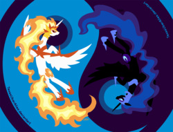 Size: 943x720 | Tagged: dead source, safe, artist:texasuberalles, part of a set, daybreaker, nightmare moon, alicorn, pony, a royal problem, g4, duo, flying, lineless, yin-yang