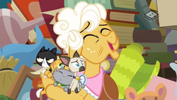 Size: 1024x576 | Tagged: safe, screencap, goldie delicious, cat, earth pony, pony, siamese cat, g4, the perfect pear, bell, bell collar, collar, eyes closed, female, goldie delicious' cats, mare