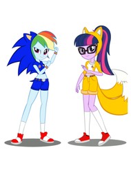 Size: 3106x4096 | Tagged: safe, artist:trungtranhaitrung, rainbow dash, sci-twi, twilight sparkle, equestria girls, g4, belly button, clothes, converse, cosplay, costume, crossover, female, glasses, high res, hoodie, male, midriff, miles "tails" prower, shoes, shorts, simple background, socks, sonic the hedgehog, sonic the hedgehog (series), white background