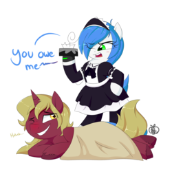 Size: 1800x1800 | Tagged: safe, artist:notenoughapples, oc, oc only, oc:flask, oc:mal, pony, bipedal, blanket, blushing, clothes, commission, dialogue, laughing, maid, one eye closed, red nosed, sick, simple background, tissue, tissue box, transparent background